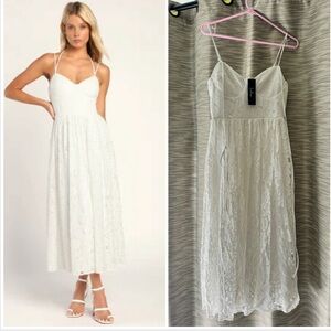 Lulus BNWT “striving for elegance” white crochet lace bustier midi dress.